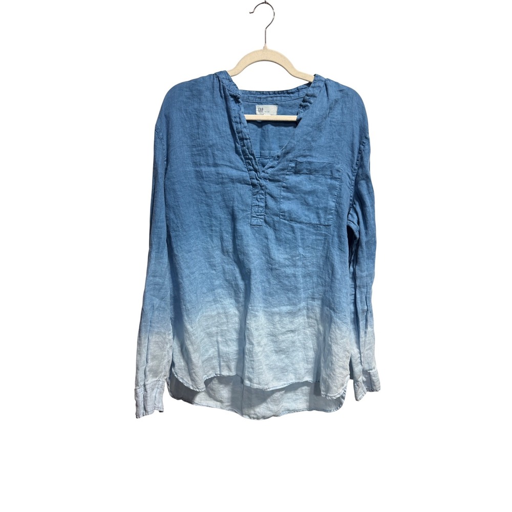 Gap Women Blue Ombre Dip Dye 100% Linen Top XL Tall Long Sleeve